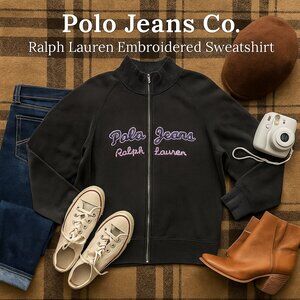 Polo Jeans Co Ralph Lauren Black Embroidered Logo Full‑Zip Cotton Sweatshirt XL